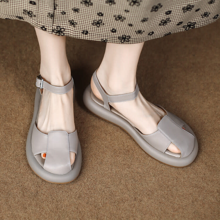 厚底鞋 羊皮包頭鏤空涼鞋女2023夏季新款灰色沙灘鞋白色-細節圖2