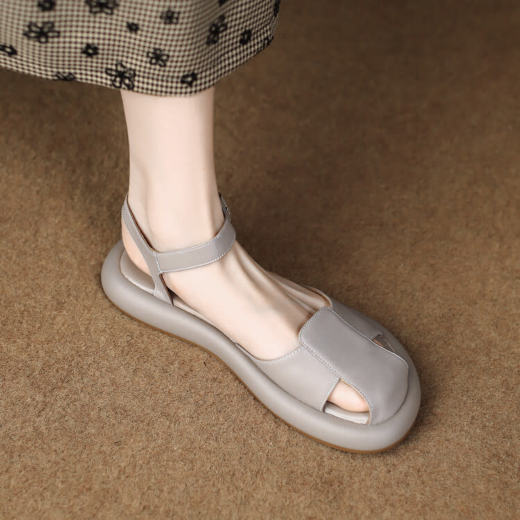 厚底鞋 羊皮包頭鏤空涼鞋女2023夏季新款灰色沙灘鞋白色-細節圖7