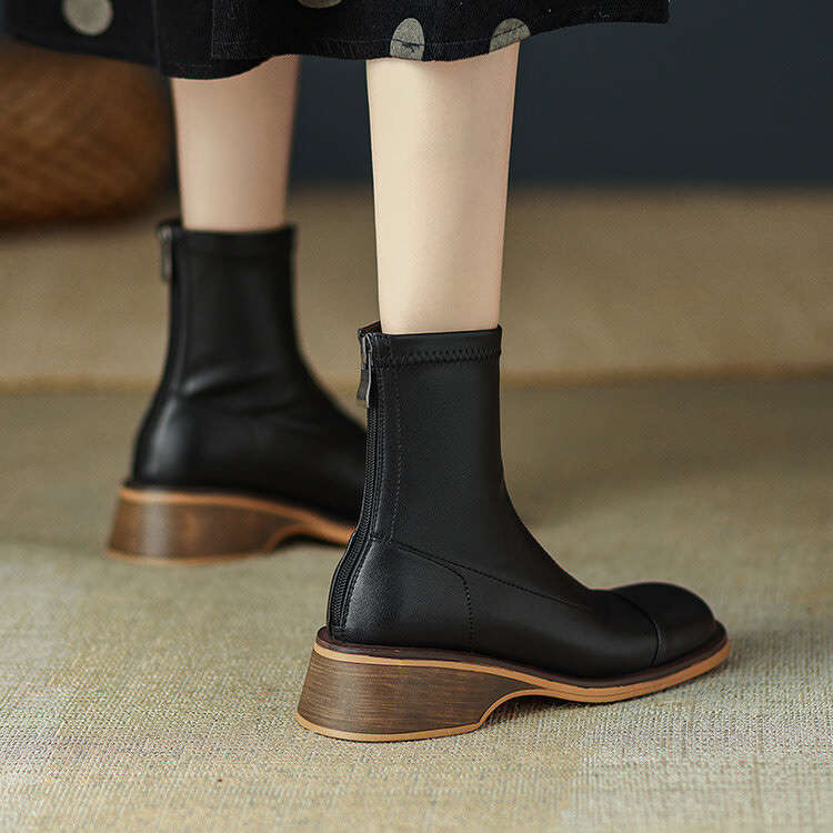 短靴 正韓秋冬女靴2023牛皮彈力瘦瘦靴歐美粗跟馬丁靴騎士靴-細節圖2