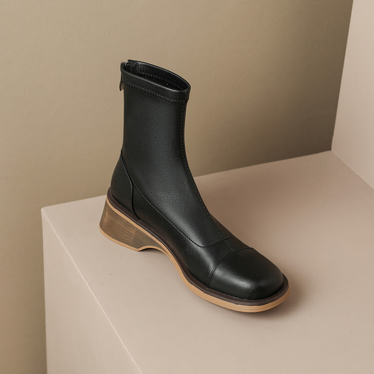 短靴 正韓秋冬女靴2023牛皮彈力瘦瘦靴歐美粗跟馬丁靴騎士靴-細節圖4
