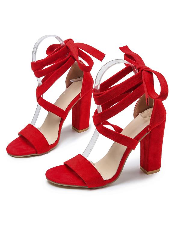 涼鞋 新款現貨2023年夏季大碼絨面魚嘴綁帶粗跟女式時裝-細節圖4