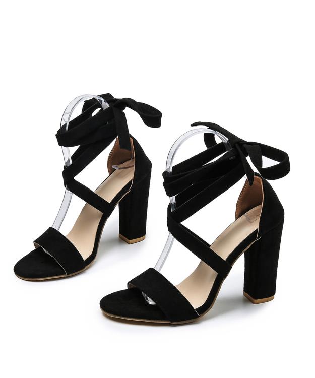 涼鞋 新款現貨2023年夏季大碼絨面魚嘴綁帶粗跟女式時裝-細節圖8