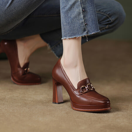 高跟鞋 羊皮2023年春秋季新尖頭淺口復古單鞋女粗跟防水臺鞋黑色棕色-細節圖3