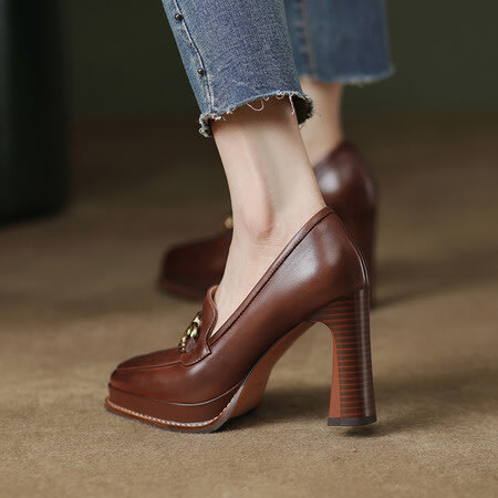 高跟鞋 羊皮2023年春秋季新尖頭淺口復古單鞋女粗跟防水臺鞋黑色棕色-細節圖4