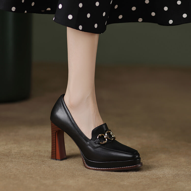高跟鞋 羊皮2023年春秋季新尖頭淺口復古單鞋女粗跟防水臺鞋黑色棕色-細節圖6
