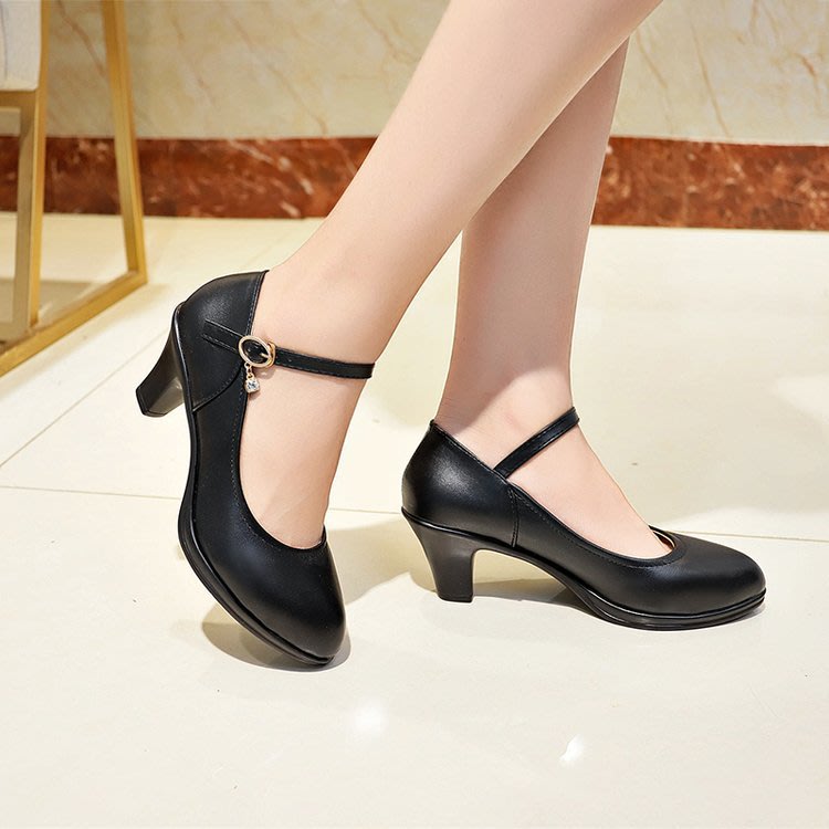 一字扣黑色高跟鞋女中跟淺口圓頭粗跟工作單鞋小皮鞋-細節圖4