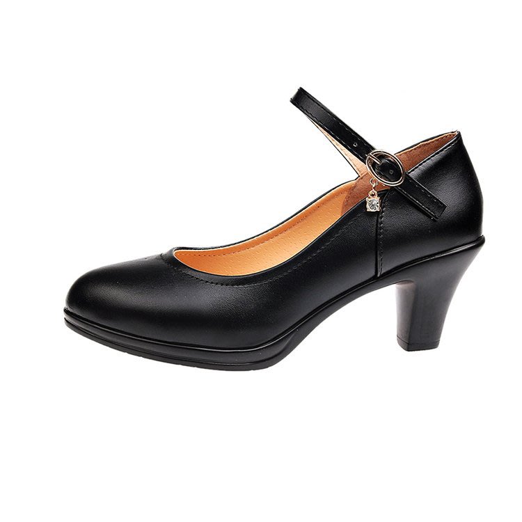一字扣黑色高跟鞋女中跟淺口圓頭粗跟工作單鞋小皮鞋-細節圖6