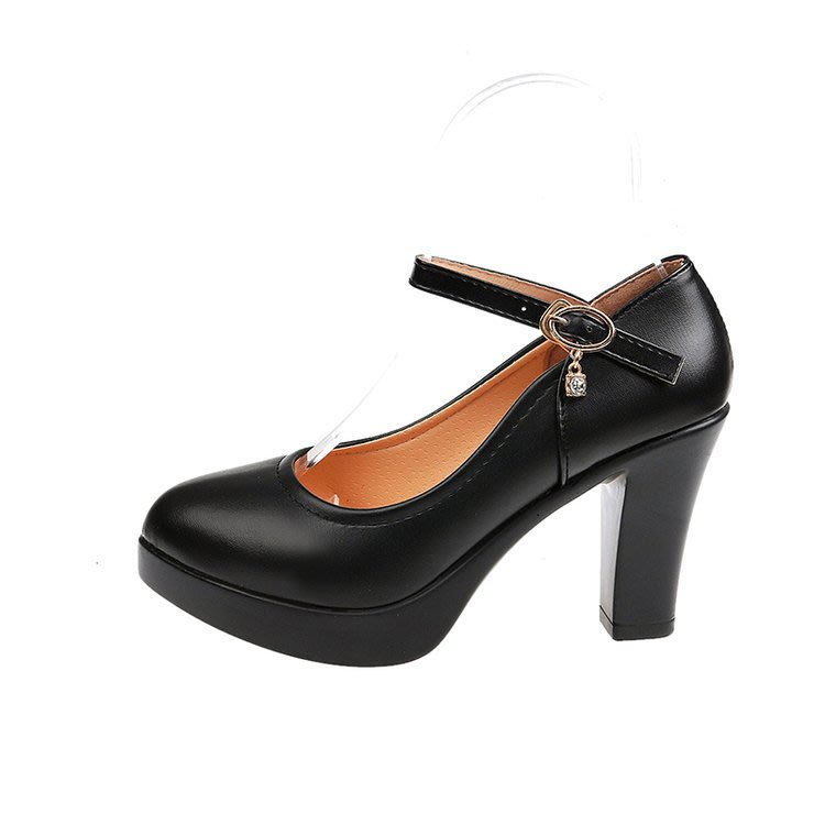 一字扣黑色高跟鞋女中跟淺口圓頭粗跟工作單鞋小皮鞋-細節圖7