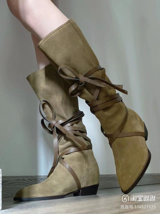 長靴 阿希哥同款女2023秋冬新款綁帶西部牛仔靴尖頭平底高筒騎士靴-細節圖3