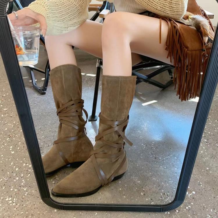 長靴 阿希哥同款女2023秋冬新款綁帶西部牛仔靴尖頭平底高筒騎士靴-細節圖4