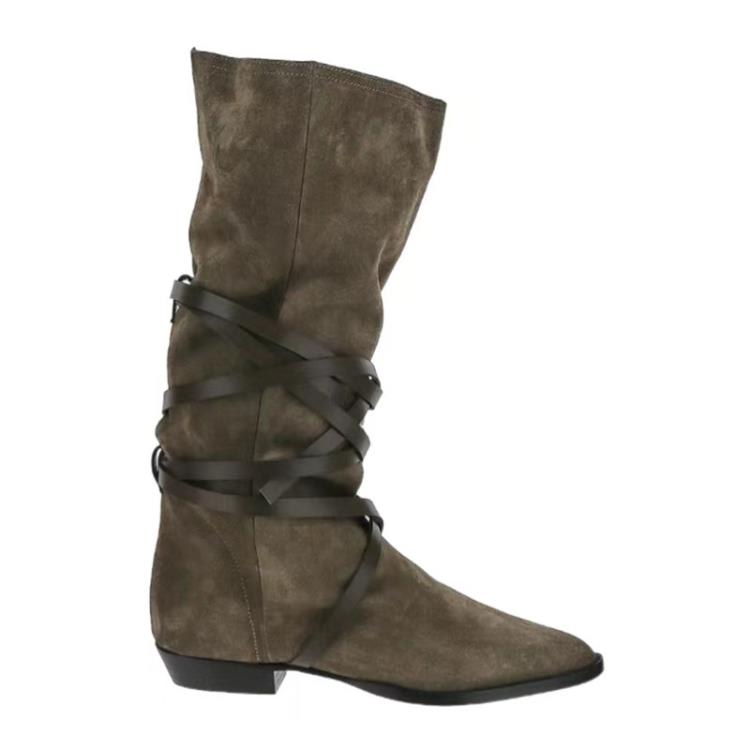 長靴 阿希哥同款女2023秋冬新款綁帶西部牛仔靴尖頭平底高筒騎士靴-細節圖6