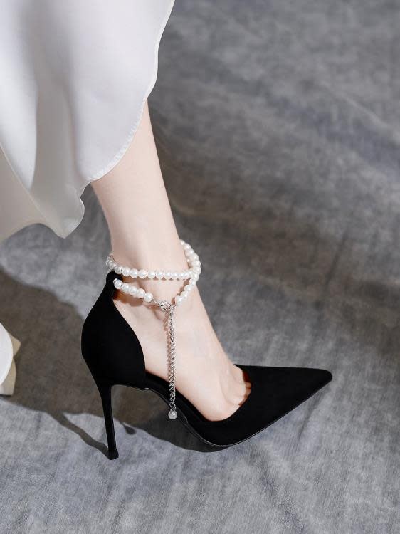 高跟鞋 黑色鞋女2023年新款春秋尖頭性感細跟不累腳單鞋一字扣帶涼鞋-細節圖2