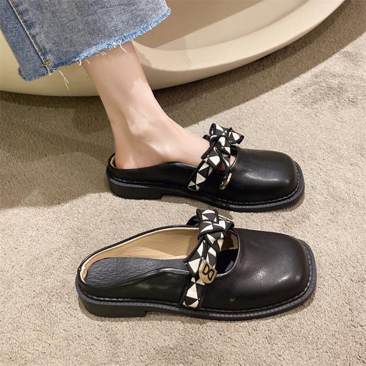 涼鞋 包頭半拖鞋女夏外穿時尚網紅蝴蝶結圓頭復古平底無后跟懶人涼拖鞋-細節圖3