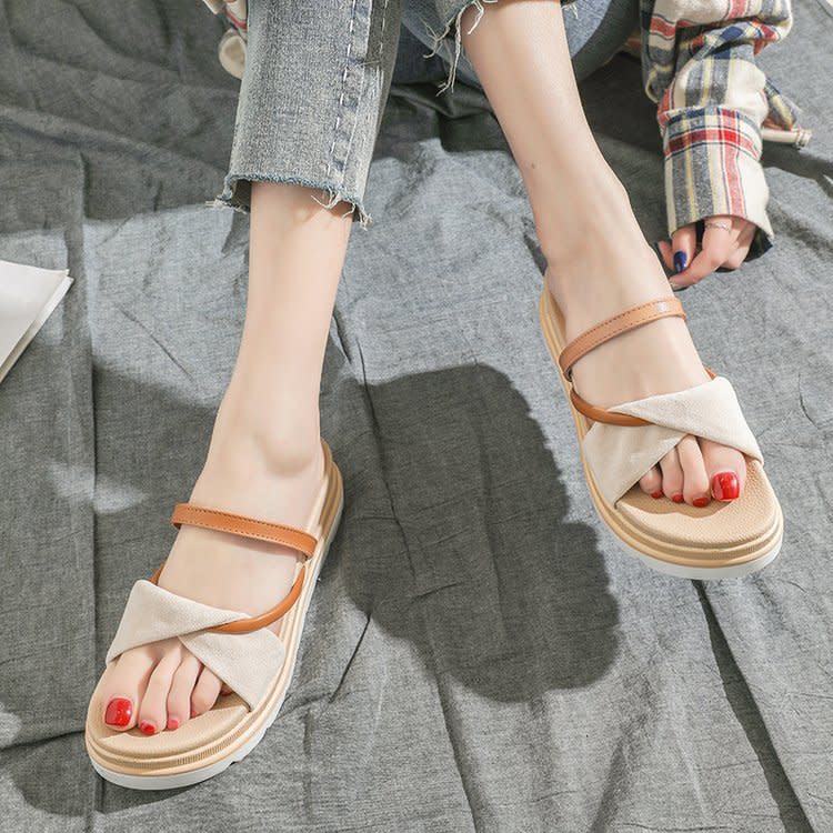 厚底鞋 拖鞋女外穿2023夏季新款時尚休閒正韓松糕軟底交叉網紅涼拖鞋-細節圖4