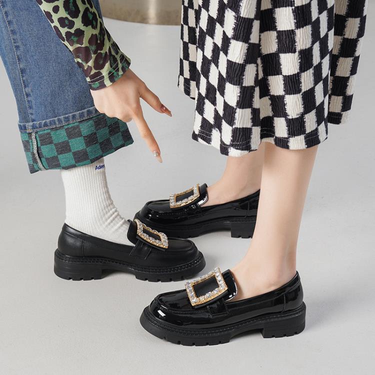 厚底鞋 RV水鉆真皮女鞋圓頭百搭秋季女生配裙英倫風皮鞋直播爆款鞋女-細節圖3