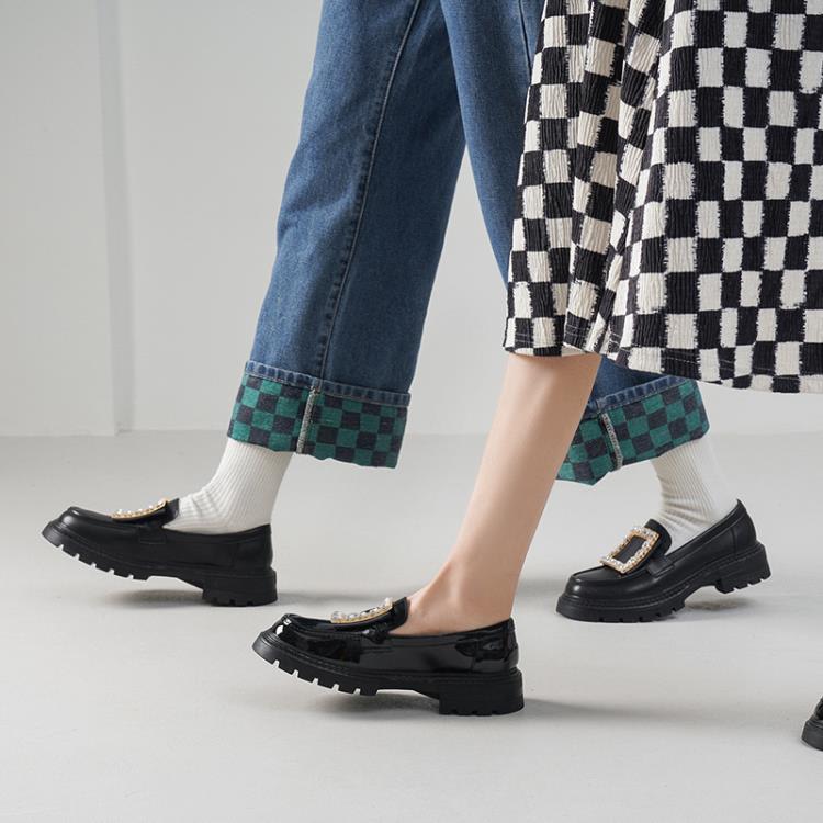 厚底鞋 RV水鉆真皮女鞋圓頭百搭秋季女生配裙英倫風皮鞋直播爆款鞋女-細節圖4