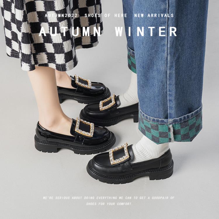 厚底鞋 RV水鉆真皮女鞋圓頭百搭秋季女生配裙英倫風皮鞋直播爆款鞋女-細節圖6