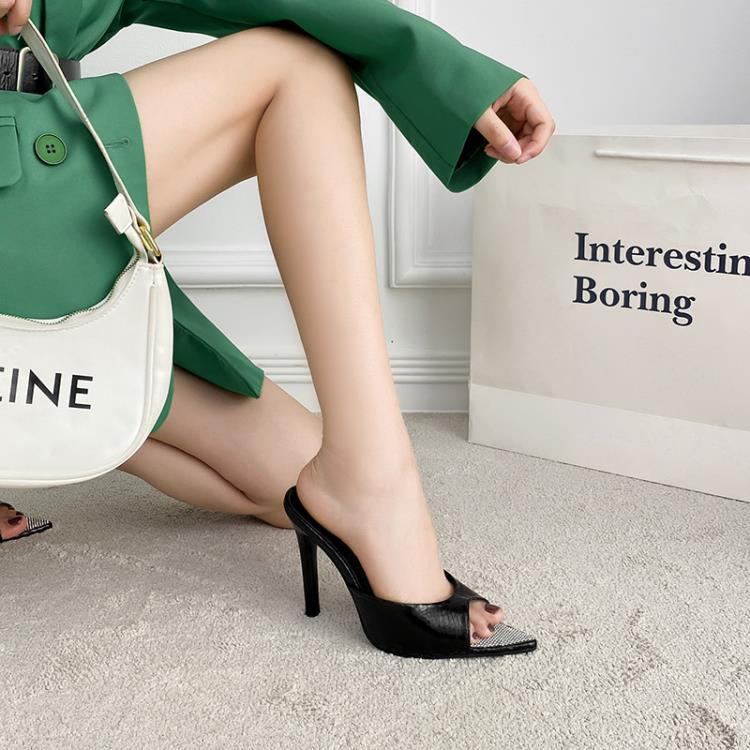 高跟鞋 2023歐美金色水鉆時尚性感尖頭穆勒鞋細跟大碼女拖鞋-細節圖3