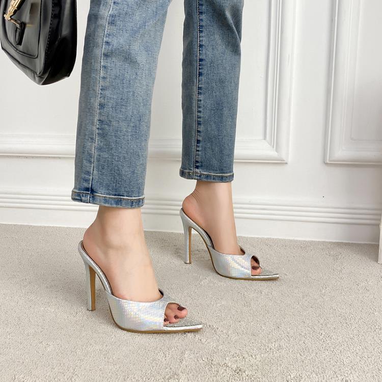 高跟鞋 2023歐美金色水鉆時尚性感尖頭穆勒鞋細跟大碼女拖鞋-細節圖4