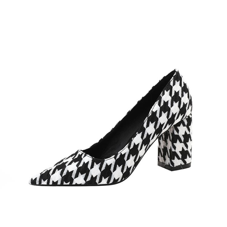 春秋新款粗跟千鳥格尖頭光板格子日常通勤跟鞋女大小碼單鞋女-細節圖5