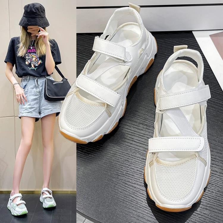運動涼鞋女2023年夏季新款正韓is網紅厚底小白鞋鏤空包頭女老爹鞋-細節圖4