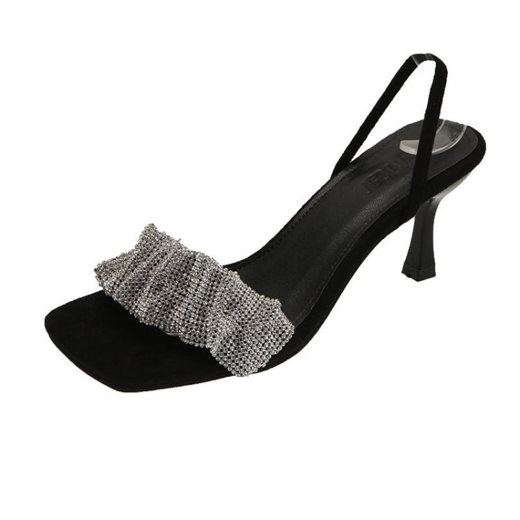 方頭水鉆一字帶高跟涼鞋女2023夏季新款歐美風中空大碼細跟拖鞋女-細節圖5