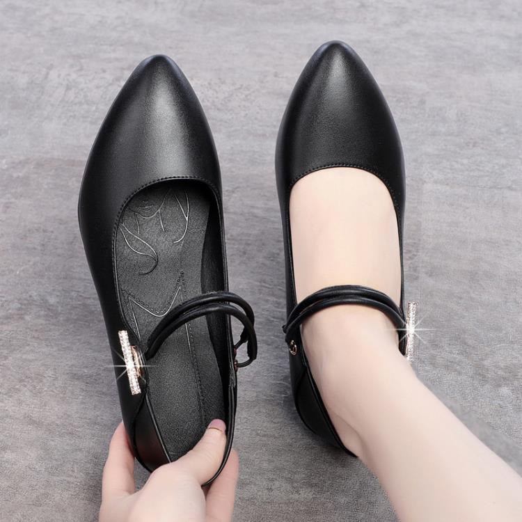 中跟鞋 2023新款時裝單鞋女粗跟尖頭一字扣水鉆淺口皮鞋舒適一鞋二穿-細節圖2