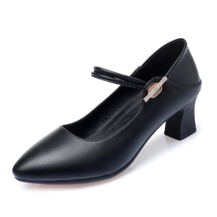 中跟鞋 2023新款時裝單鞋女粗跟尖頭一字扣水鉆淺口皮鞋舒適一鞋二穿-細節圖5