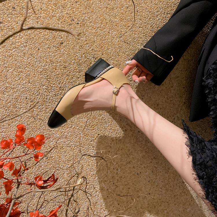 中跟鞋 高跟鞋2023春季新款女鞋粗跟拼色低幫鞋羊皮扣帶包頭包跟涼鞋-細節圖2
