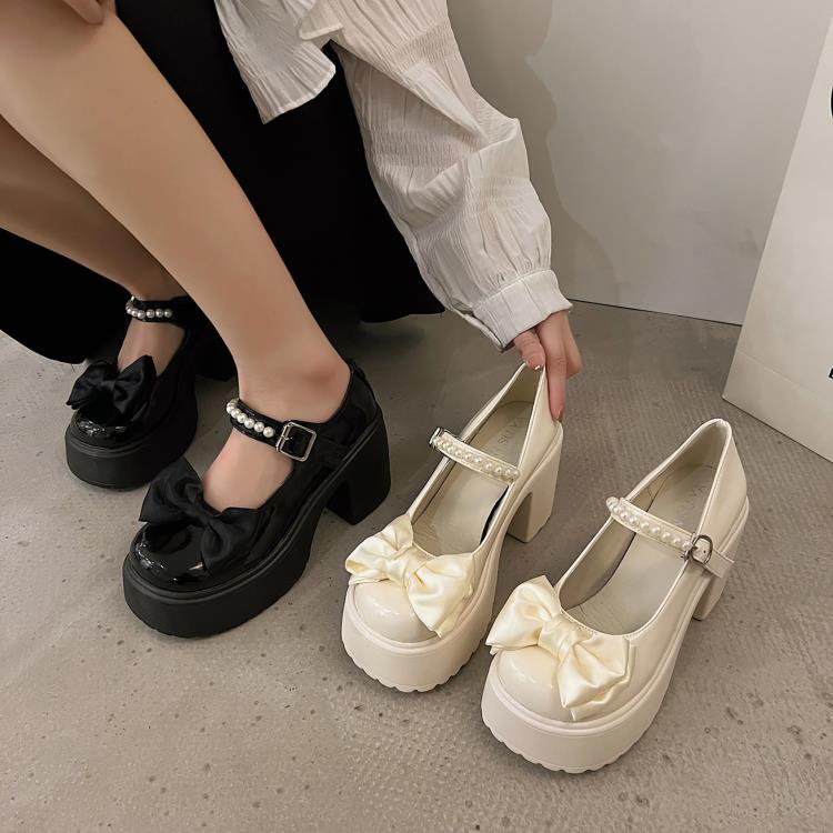 高跟鞋 法式黑色小個子粗跟鞋女春秋2023新款蝴蝶結瑪麗珍小皮鞋-細節圖4