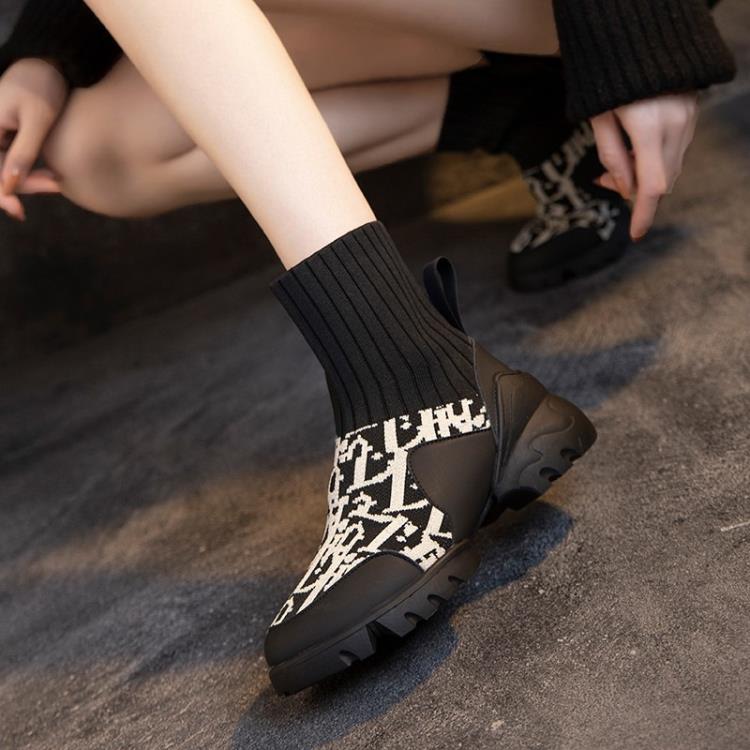 厚底鞋 2023早秋新款休閒飛織單鞋高幫彈力襪子靴套腳歐美時尚休閒靴-細節圖2