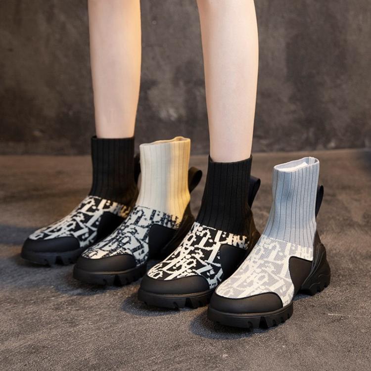 厚底鞋 2023早秋新款休閒飛織單鞋高幫彈力襪子靴套腳歐美時尚休閒靴-細節圖3