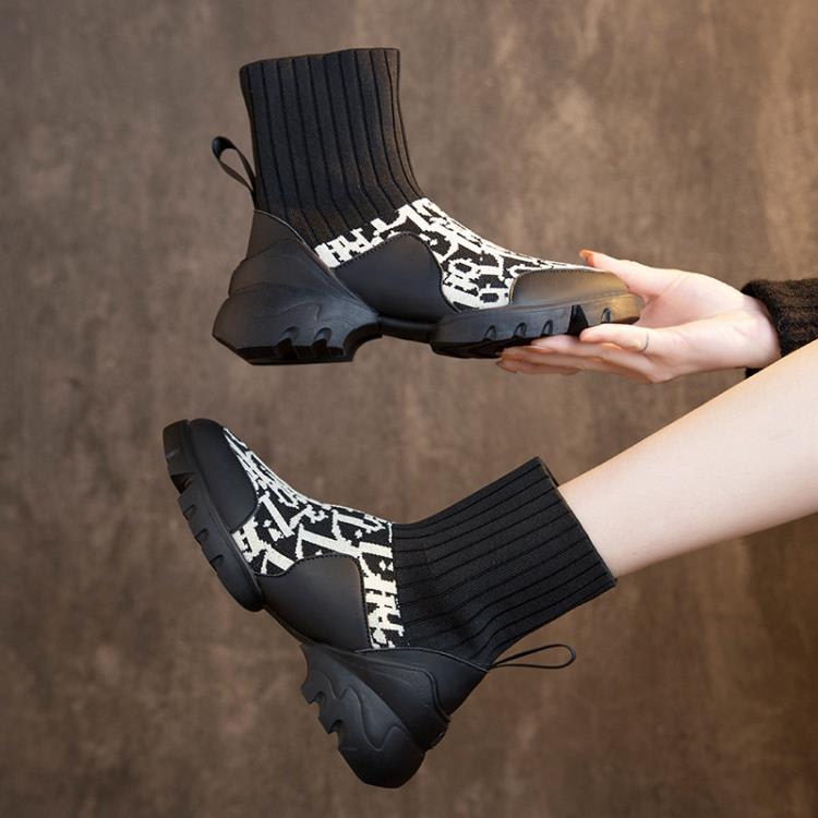 厚底鞋 2023早秋新款休閒飛織單鞋高幫彈力襪子靴套腳歐美時尚休閒靴-細節圖6