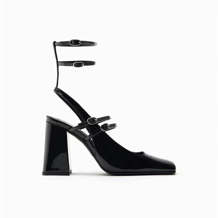 2023新品za瑪麗珍高跟鞋黑色腳踝絆帶漆皮粗跟包頭涼鞋方頭單鞋女-細節圖2