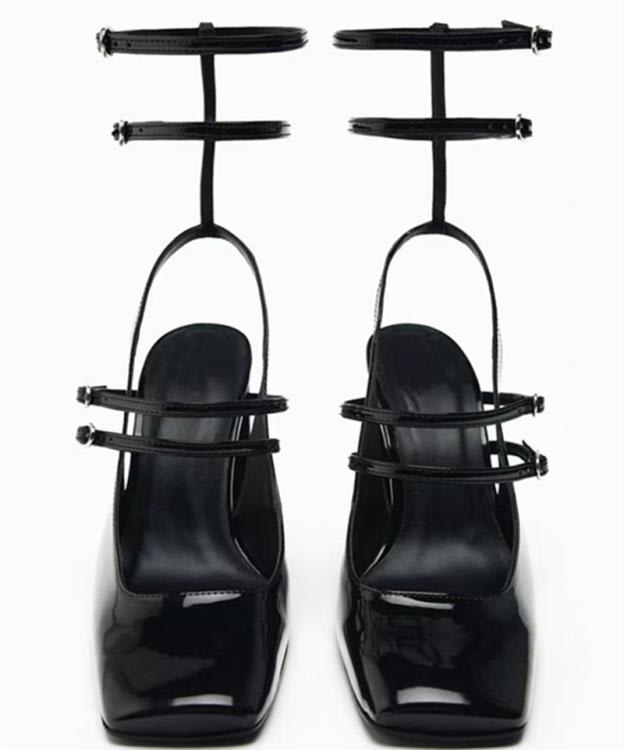 2023新品za瑪麗珍高跟鞋黑色腳踝絆帶漆皮粗跟包頭涼鞋方頭單鞋女-細節圖4