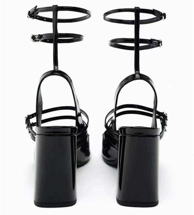 2023新品za瑪麗珍高跟鞋黑色腳踝絆帶漆皮粗跟包頭涼鞋方頭單鞋女-細節圖5