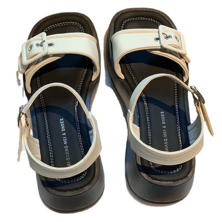 厚底鞋 休閒一字帶搭扣女鞋2023夏季新款女時尚方扣中空透氣舒適涼鞋-細節圖5