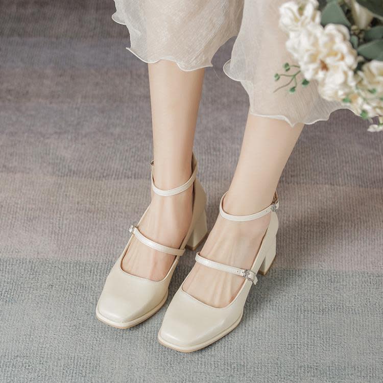 正韓百搭真皮女鞋2023直播爆款鞋子秋女生工作穿粗跟方頭瑪麗珍鞋-細節圖7