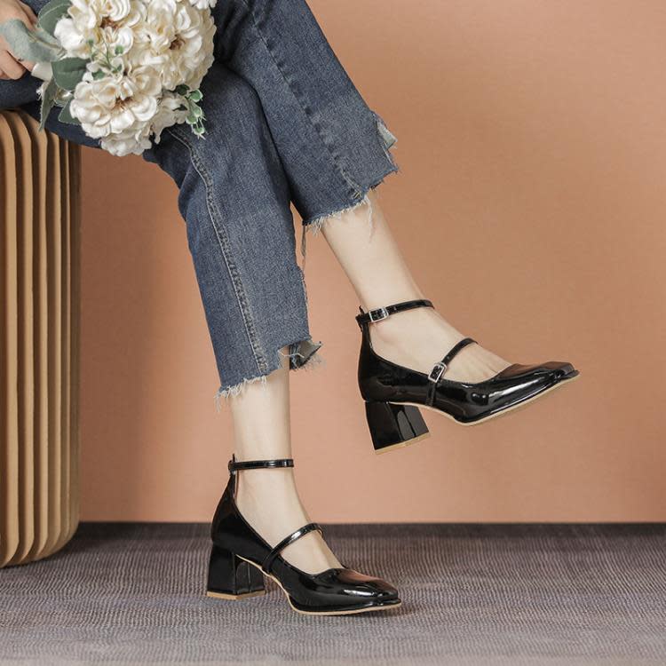正韓百搭真皮女鞋2023直播爆款鞋子秋女生工作穿粗跟方頭瑪麗珍鞋-細節圖8