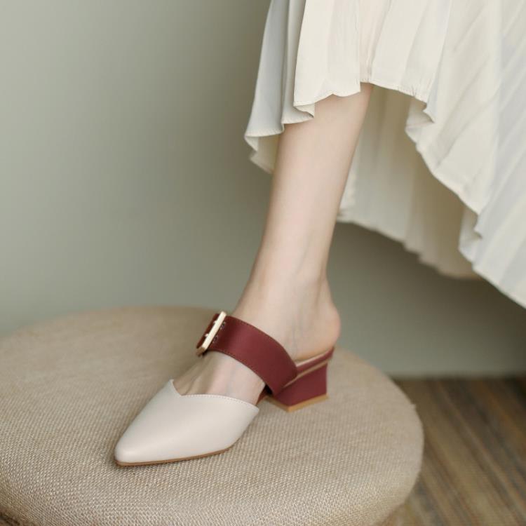 夏天配裙真皮女鞋2023直播爆款鞋子淑女風百搭粗跟包頭后空涼拖鞋-細節圖4