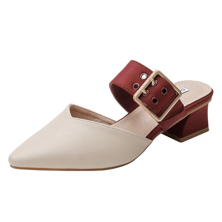 夏天配裙真皮女鞋2023直播爆款鞋子淑女風百搭粗跟包頭后空涼拖鞋-細節圖5