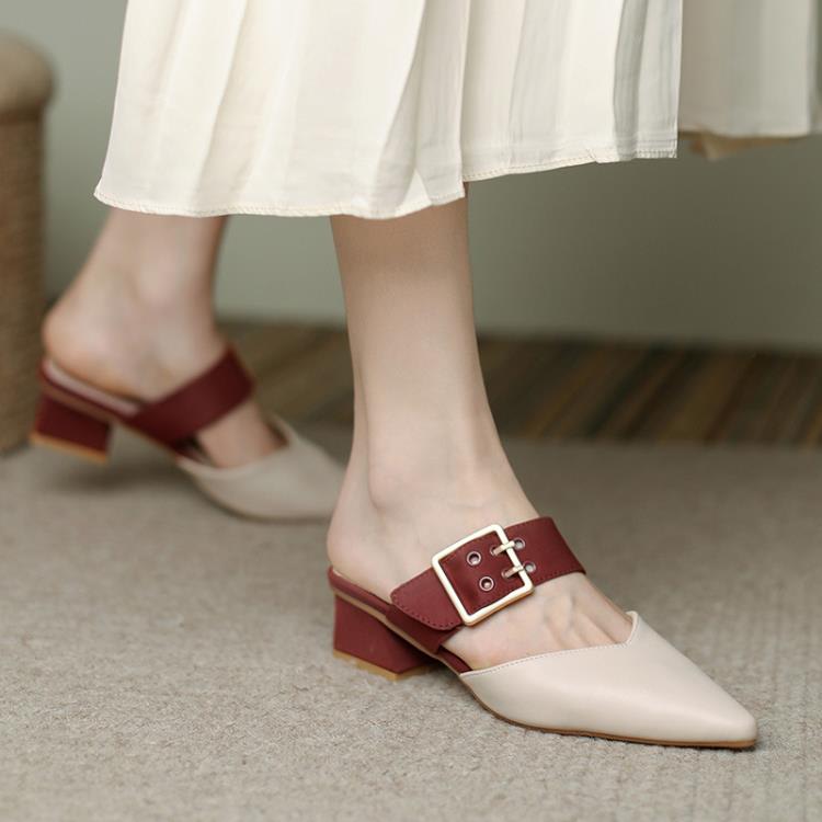 夏天配裙真皮女鞋2023直播爆款鞋子淑女風百搭粗跟包頭后空涼拖鞋-細節圖6