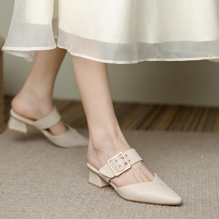 夏天配裙真皮女鞋2023直播爆款鞋子淑女風百搭粗跟包頭后空涼拖鞋-細節圖7