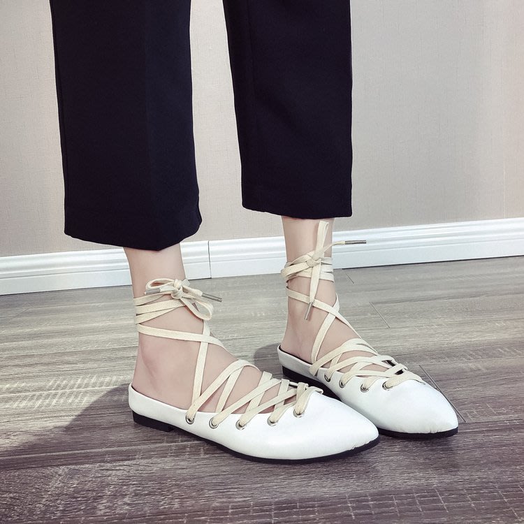 涼鞋 女2023新款女鞋夏季正韓尖頭包頭腳環交叉系帶平底女批髮-細節圖2