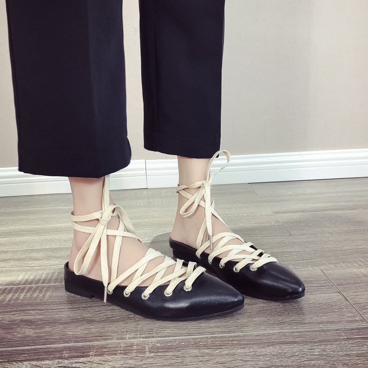 涼鞋 女2023新款女鞋夏季正韓尖頭包頭腳環交叉系帶平底女批髮-細節圖3