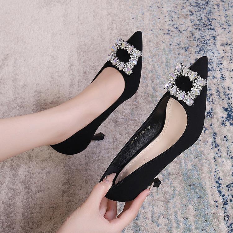 高跟鞋 時尚水鉆名媛風女鞋2023秋季新款網紅休閒尖頭女單鞋小碼3233-細節圖3