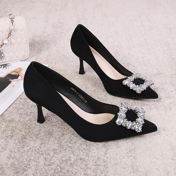 高跟鞋 時尚水鉆名媛風女鞋2023秋季新款網紅休閒尖頭女單鞋小碼3233-細節圖7