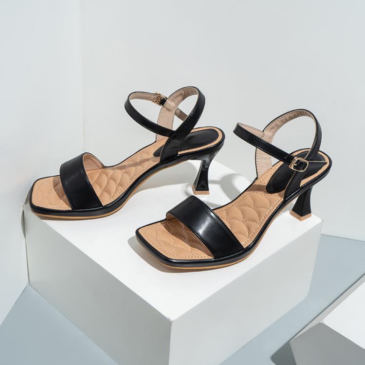 高跟鞋 sandals歐美2023方頭休閒一字帶刺繡細涼鞋女women百搭heels-細節圖3