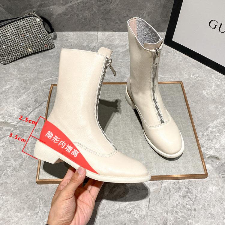 短靴 大碼女靴41-43內增高馬丁靴女平底前拉鍊中筒小個子增高靴子-細節圖2