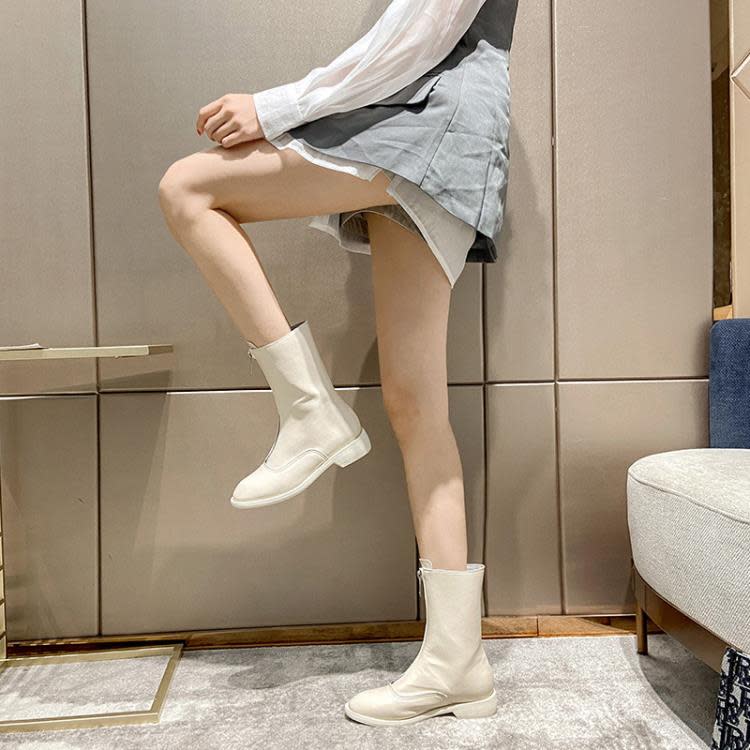 短靴 大碼女靴41-43內增高馬丁靴女平底前拉鍊中筒小個子增高靴子-細節圖4